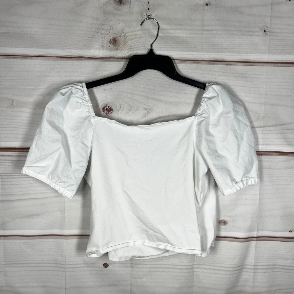 By Anthropologie Wrap Top Women XL White Solid Puff Sleeve Cotton Cropped Knit